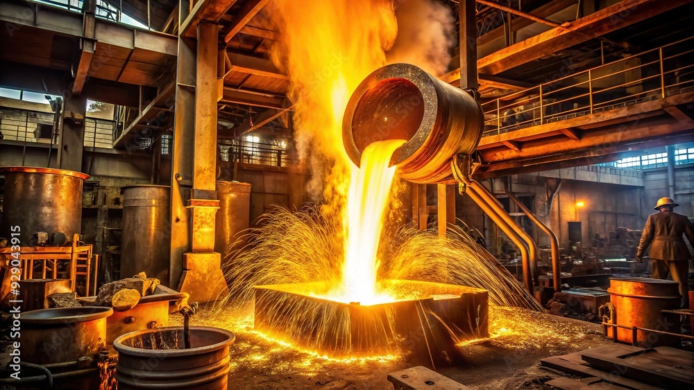 Molten metal flows like liquid fire from a crucible, casting a fiery glow on the surrounding industrial machinery in a blazing hot foundry workshop scene. Molten metal flows like liquid fire from a crucible, casting a fiery glow on the surrounding industrial machinery in a blazing hot foundry workshop scene.
