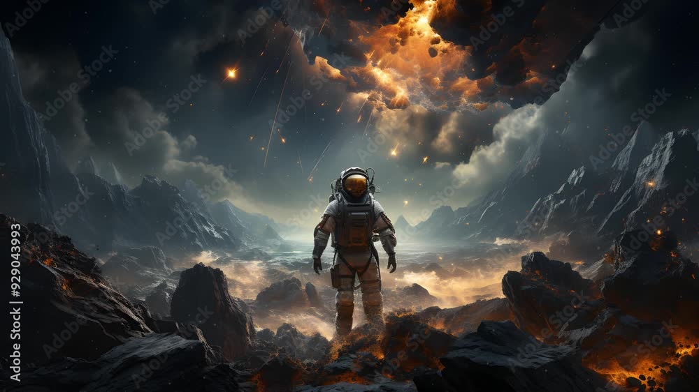 A lone astronaut stands on a desolate alien planet, facing a fiery sky and raining debris. The scene evokes a sense of wonder, isolation, and the unknown. A lone astronaut stands on a desolate alien planet, facing a fiery sky and raining debris. The scene evokes a sense of wonder, isolation, and the unknown.