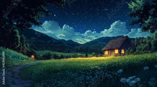 Night meadow, anime style photo