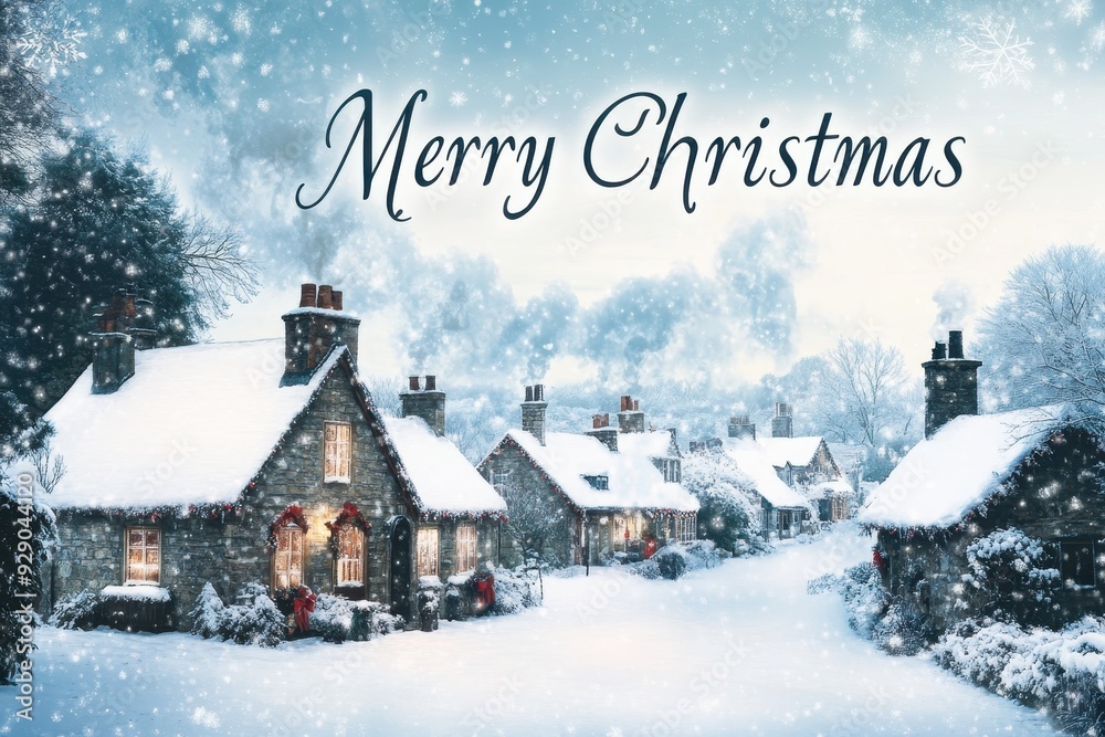 Fototapeta premium Snowy Village Scene Collage: Photos of a quaint village covered in snow, with cozy cottages, frosted windows, and smoke rising from chimneys. The text 