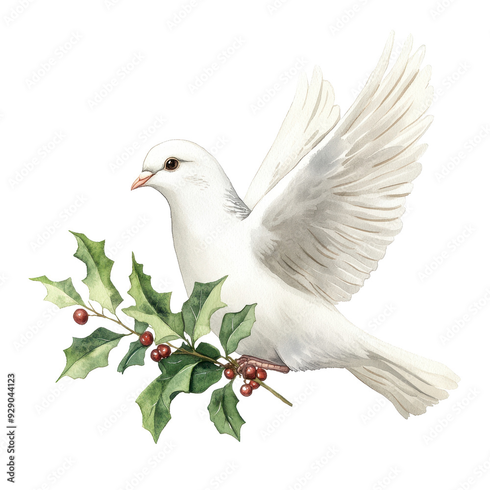 Obraz premium A graceful white dove perched on holly, symbolizing peace and hope, beautifully illustrated for festive themes.