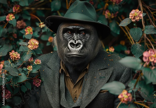 A gorilla wearing an elegant suit and hat, standing in front of lush green plants with vibrant flowers. photo