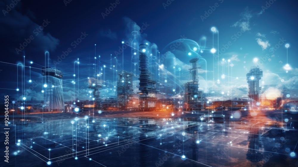 Naklejka premium Modern factory, communication network. Telecommunication. IoT, Internet of Things, ICT, Information communication Technology,. Smart factory. Digital transformation, cloud connecting, generate by AI