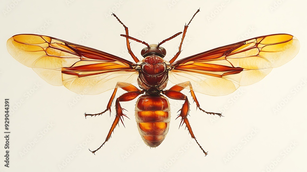A close-up of a brown wasp with clear wings spread. A close-up of a brown wasp with clear wings spread.