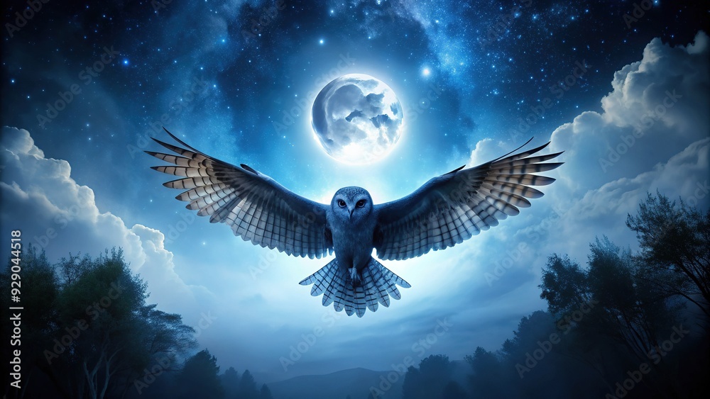 Obraz premium Moonlit wingspan of a regal owl in silhouette, spread wide, against a dark blue horizon with subtle starlight and whispery cloud formations.