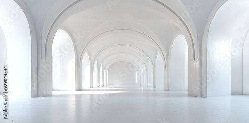 3D equirectangular panorama of a spacious white room with arches