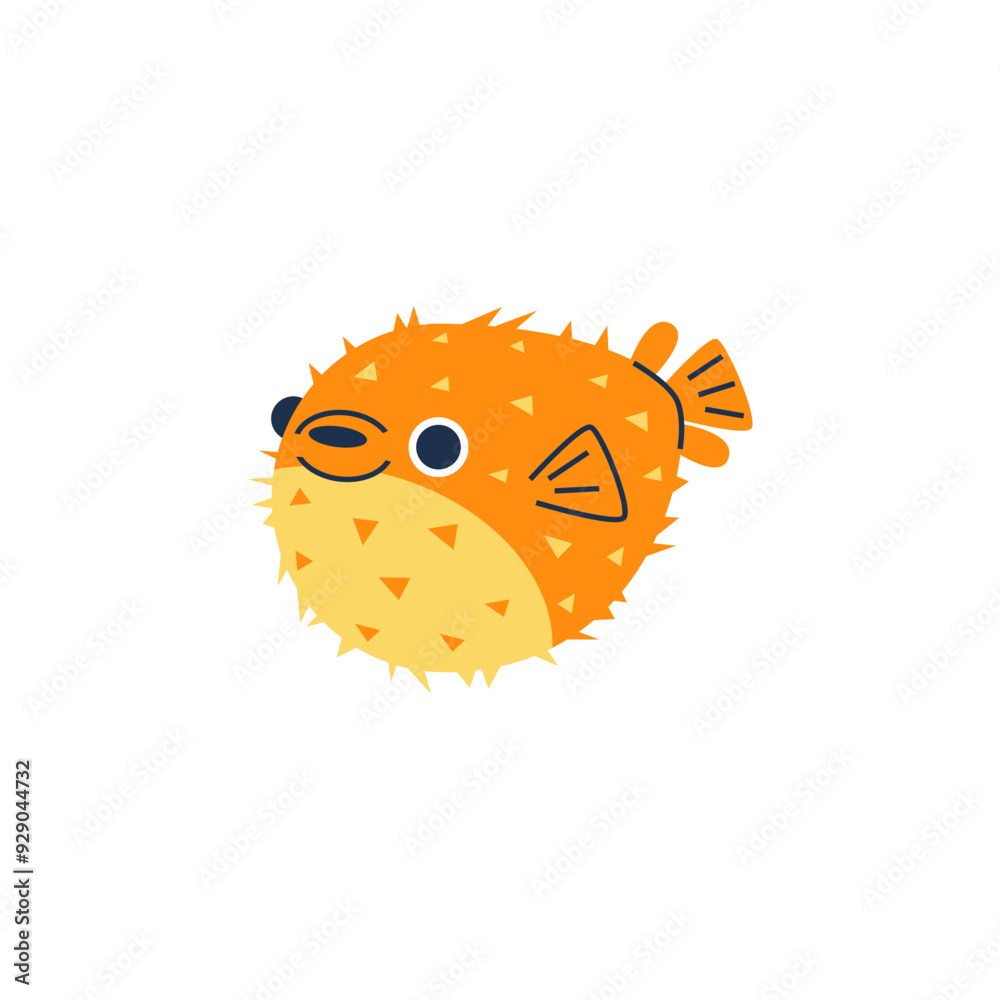 Fototapeta premium Vector illustration with blowfish: yellow-orange balloon fish with sharp needles on a white background.