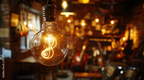 A close up of a light bulb with a filament shaped like a musical note, glowing warmly in a dimly lit room filled with musical instruments