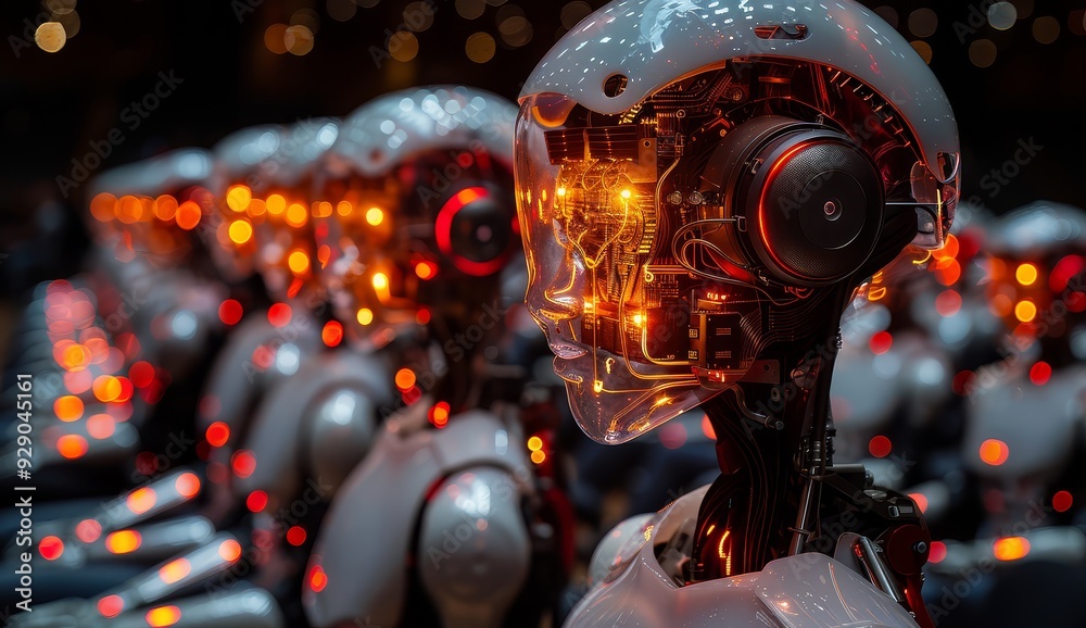 A group of humanoid robots with transparent skin and glowing red circuitry inside their heads, connected to each other by wires A group of humanoid robots with transparent skin and glowing red circuitry inside their heads, connected to each other by wires