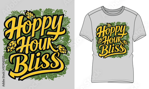 Hoppy Hour Bliss - Craft beer Typography T-shirt vector design. motivational and inscription quotes. perfect for print item and bags, posters, cards. 
isolated on black background