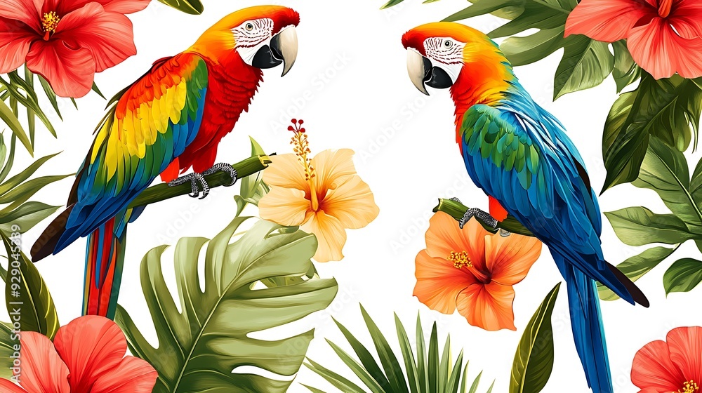 Obraz premium Two Colorful Macaws Perched on Branches Amongst Tropical Flowers and Leaves