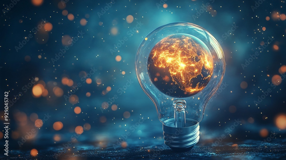A creative composition of a light bulb with a tiny, glowing planet inside, representing the concept of global illumination and energy A creative composition of a light bulb with a tiny, glowing planet inside, representing the concept of global illumination and energy
