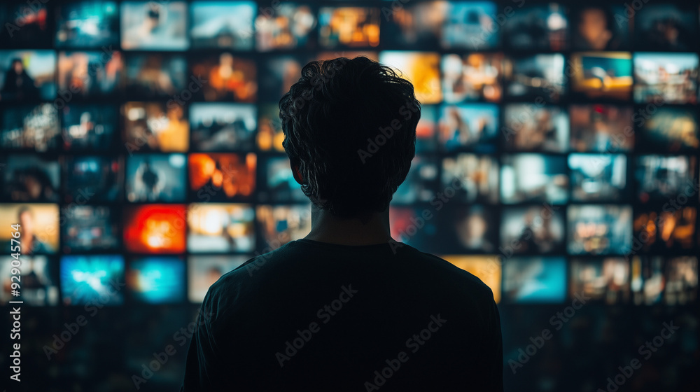 Back view of a man in 3D cyberspace with animated interfaces of social networks, online video games, videos, news and internet content. Surfing entertainment networks. Back view of a man in 3D cyberspace with animated interfaces of social networks, online video games, videos, news and internet content. Surfing entertainment networks.
