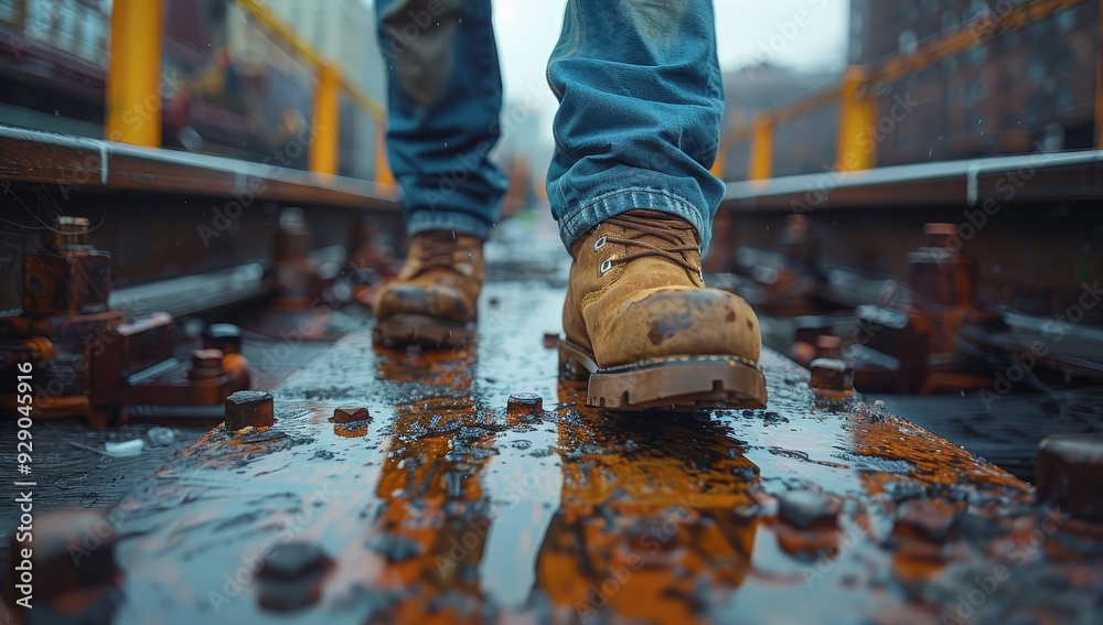 A construction worker walking on steel tracks, wearing work boots 