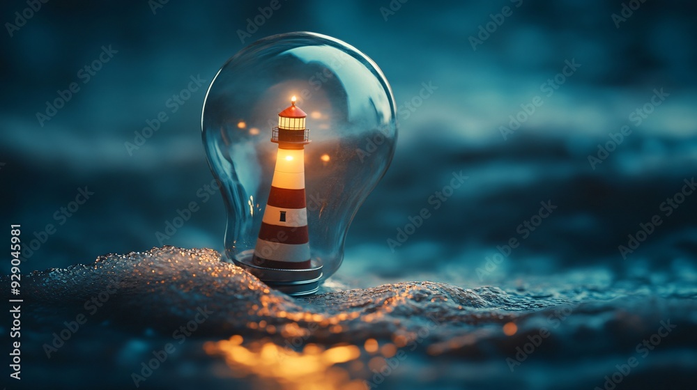 A creative scene of a light bulb with a tiny, glowing lighthouse inside, surrounded by a miniature ocean, representing guidance and illumination A creative scene of a light bulb with a tiny, glowing lighthouse inside, surrounded by a miniature ocean, representing guidance and illumination