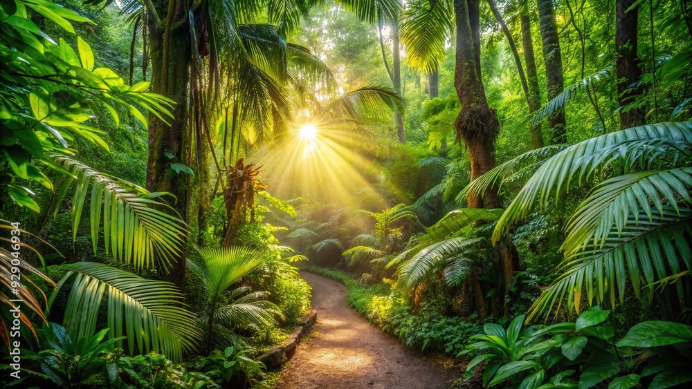 Mysterious jungle trail winds through dense foliage of exotic plants and towering trees, dappled sunlight filters through the canopy, bathed in warm, green hues. Mysterious jungle trail winds through dense foliage of exotic plants and towering trees, dappled sunlight filters through the canopy, bathed in warm, green hues.