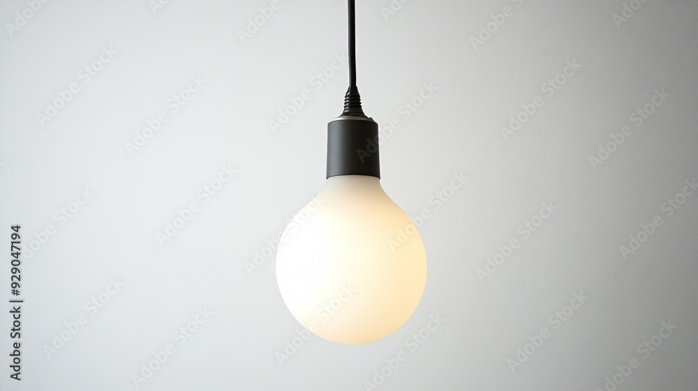 A modern, minimalist light bulb with a sleek, frosted glass design, hanging from a thin black cord against a white background A modern, minimalist light bulb with a sleek, frosted glass design, hanging from a thin black cord against a white background