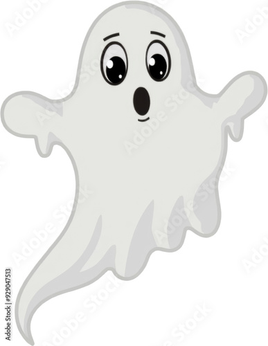 A friendly, wide-eyed cartoon ghost with a surprised expression floats on a white background, perfect for Halloween themes.