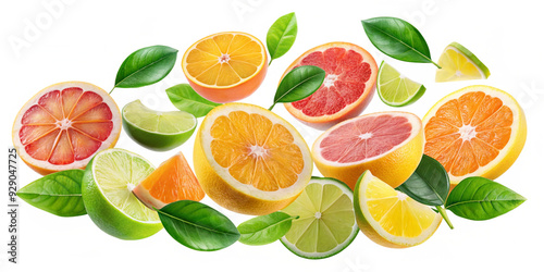 citrus fruit with half slices citrus falling or flying in the air with green leaves isolated on white background. Generative AI