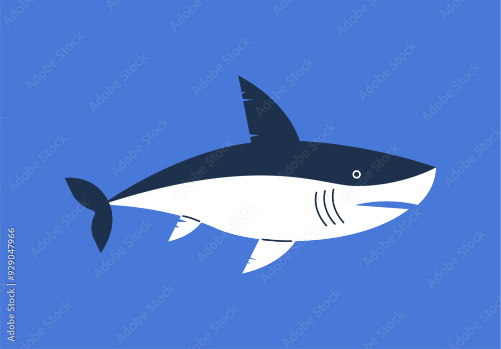 Great white shark swimming, big fish predator, marine wildlife, ocean or sea fauna vector flat illustration isolated