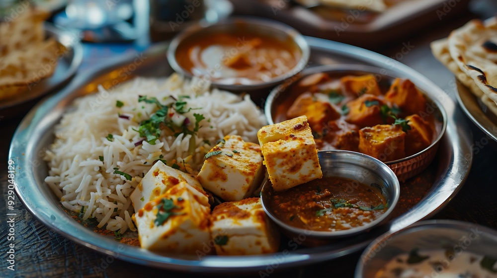Main course foods for lunch or dinner include rice roti paneer butter masala and dal makhani selective focus Main course foods for lunch or dinner include rice roti paneer butter masala and dal makhani selective focus