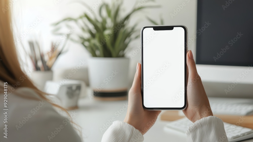 Woman holding phone with blank white desktop screen mockup view Woman holding phone with blank white desktop screen mockup view