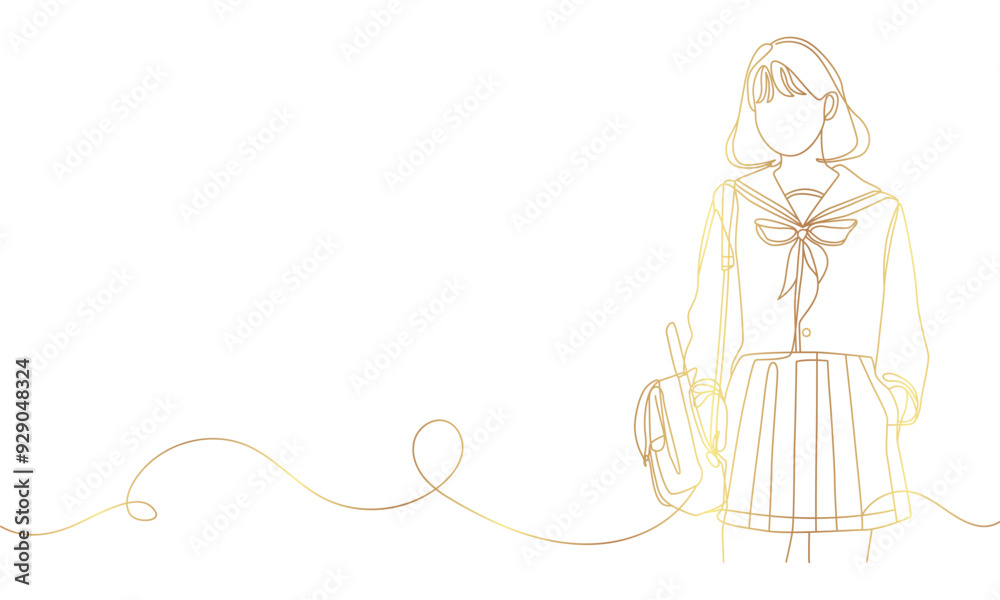 Single line drawing of asian women in school uniform. Gold. eps 10 Single line drawing of asian women in school uniform. Gold. eps 10