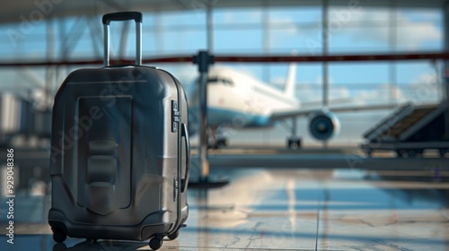 Suitcase, travel bag in airport. Airplane outside window. Travel background illustration generated by ai