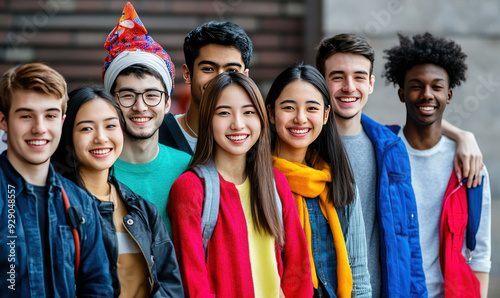 Diverse group of happy young friends smiling together, showcasing unity, joy, and camaraderie in an urban setting.