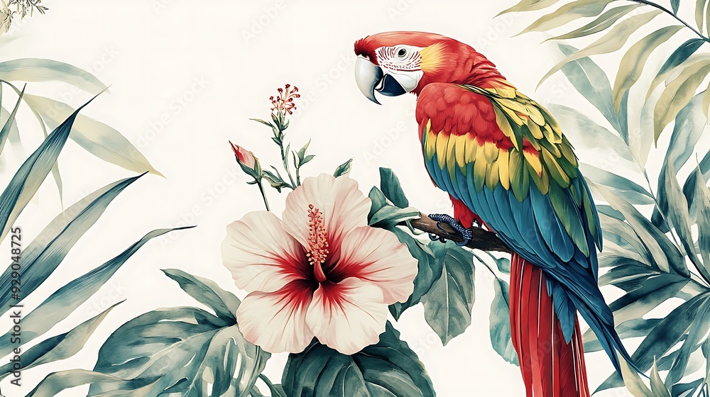 Fototapeta premium A Vibrant Scarlet Macaw Perched on a Branch Amidst Lush Tropical Foliage and a Delicate Pink Hibiscus