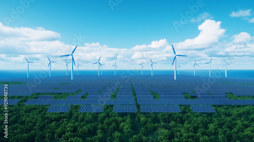 A large city with many wind turbines and solar panels