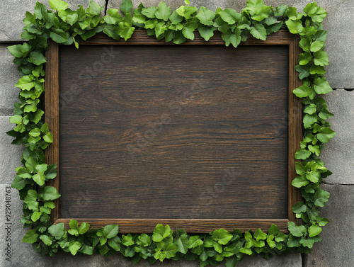 A wooden frame with green leaves surrounding it