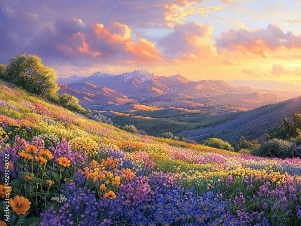 Fototapeta premium Scenic mountain landscape with vibrant wildflowers blooming at sunset.