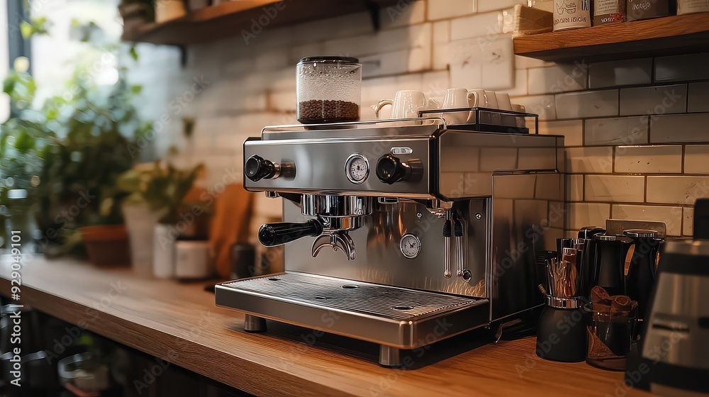 Fototapeta premium stainless steel espresso machine with a sleek, minimalist design, perfectly suited for a modern kitchen countertop.