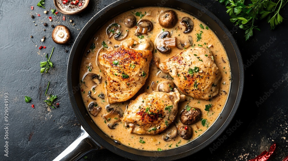 Chicken in creamy sauce with mushrooms in a frying pan, top view. copy space for text. Chicken in creamy sauce with mushrooms in a frying pan, top view. copy space for text.
