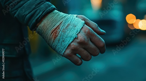  bandaged hand with blood stains, clenched in a tense moment, depicting struggle and resilience in a gritty setting.