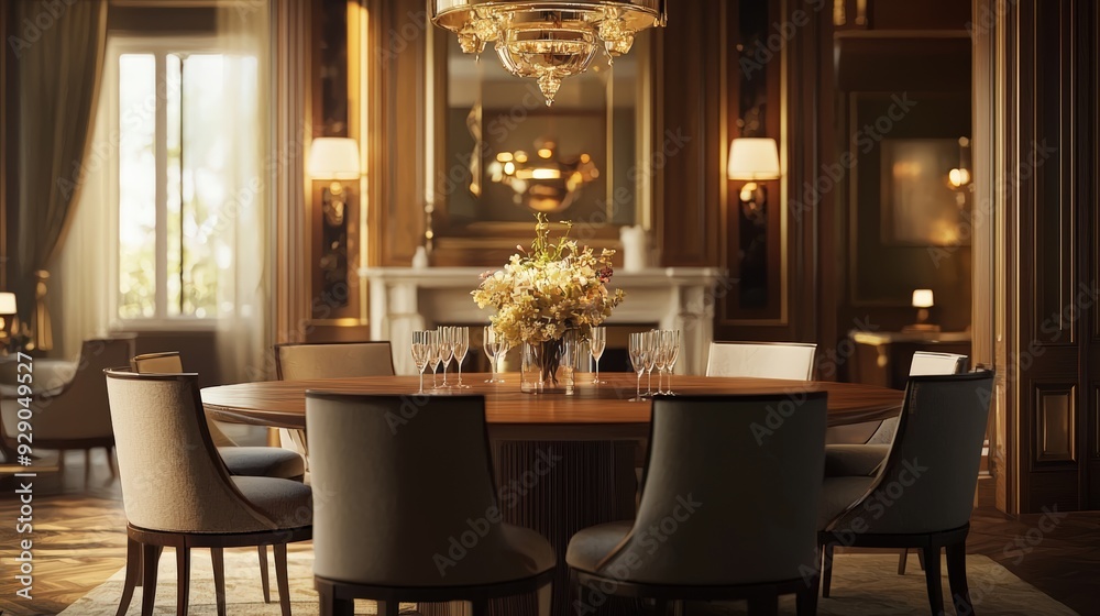 A stylish dining room with a large wooden table, upholstered chairs, and an elegant chandelier A stylish dining room with a large wooden table, upholstered chairs, and an elegant chandelier