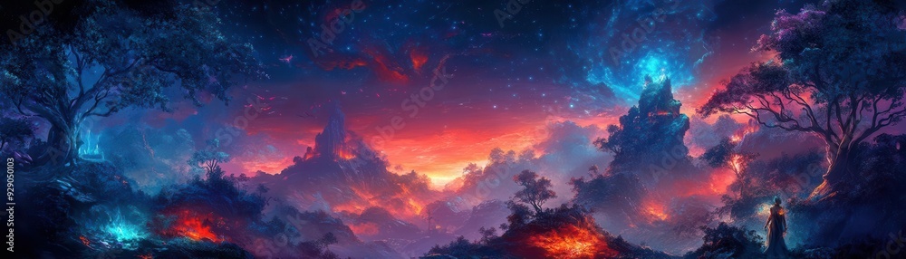 Magical fantasy landscape with glowing trees and a mystical sky. Magical fantasy landscape with glowing trees and a mystical sky.