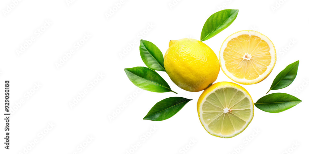 Fresh organic yellow lemon lime fruit with slice and green leaves on white background. Top view with space for text Fresh organic yellow lemon lime fruit with slice and green leaves on white background. Top view with space for text