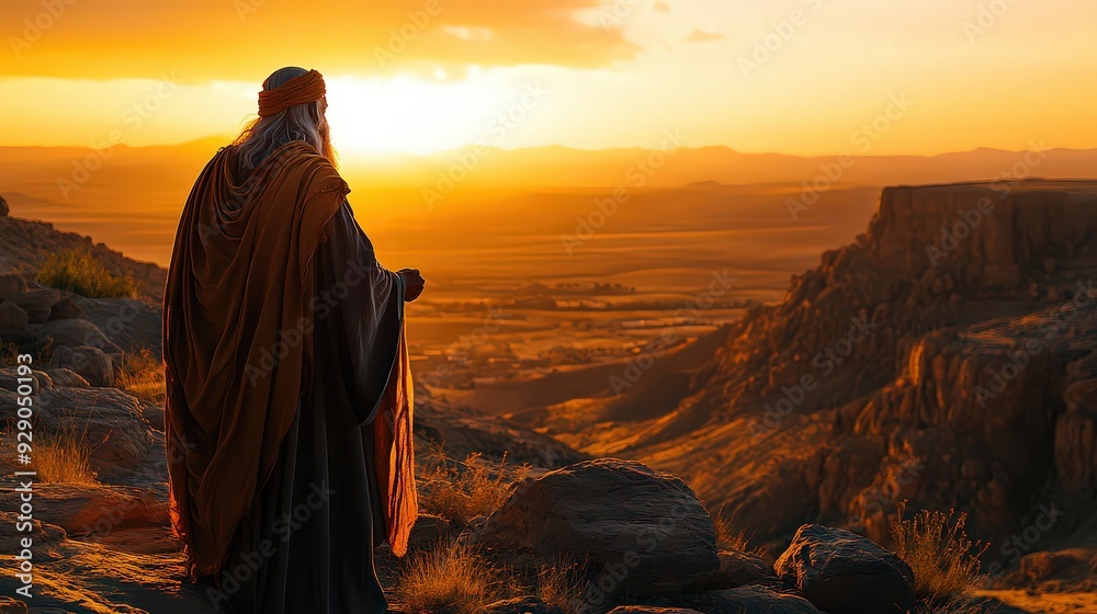  poignant image of Moses overlooking the Promised Land from a distance, reflecting on his journey and the fulfillment of his mission as he prepares to pass leadership.
