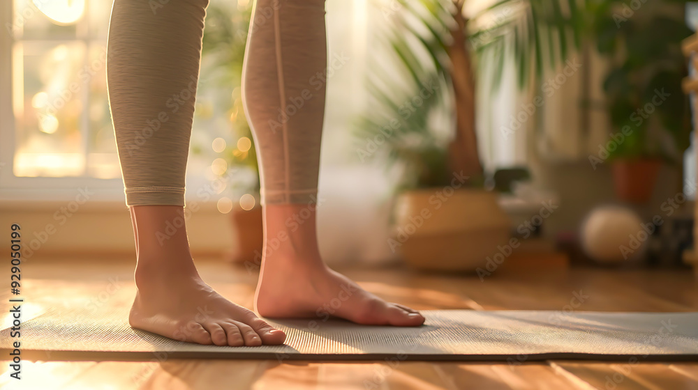 Close up of feet of female standing on a yoga mat while doing yoga in living room Close up of feet of female standing on a yoga mat while doing yoga in living room