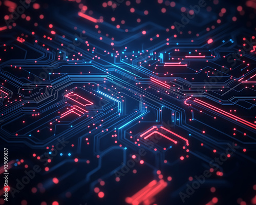 A blue and black image of a circuit board with many small squares and dots