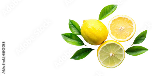 Fresh organic yellow lemon lime fruit with slice and green leaves on white background. Top view with space for text