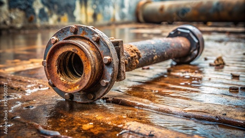 Old corroded main drain pipe with rusty bolts and worn-out washer lying isolated on a dirty wet floor in a neglected industrial setting. photo