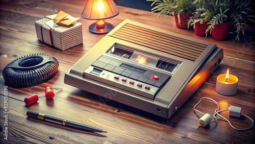 Old fashioned answering machine with cassette tape, buttons, and flashing red light, surrounded by scattered notes and pens on a cluttered office desk.