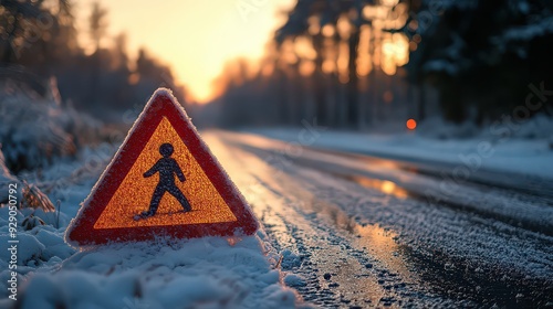pedestrian warning sign on a snowy road at sunset, highlighting winter safety in a serene landscape.