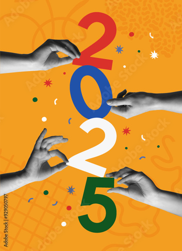 New Year 2025 celebration with human hands in collage vector card illustration