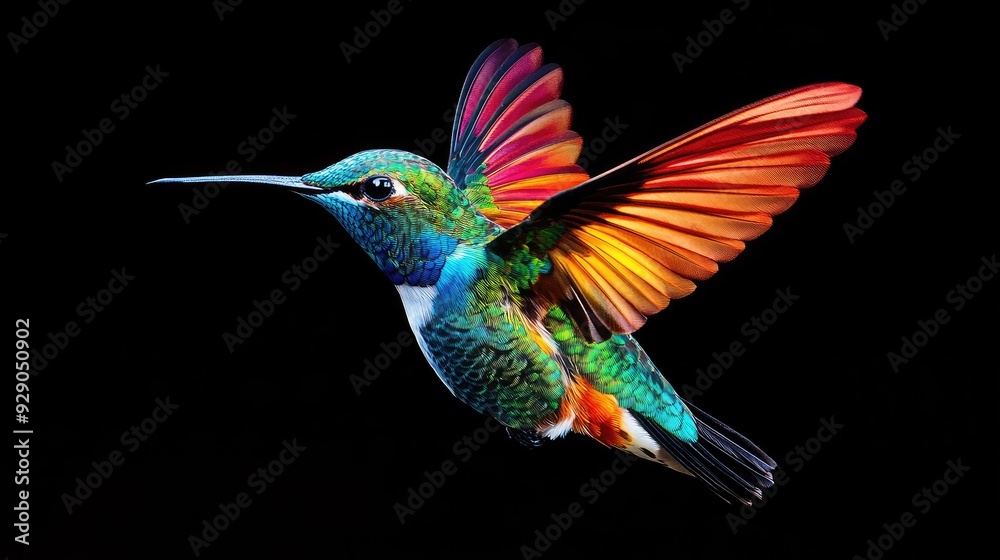 Fototapeta premium Overhead shot of a vibrant hummingbird hovering, leaving room for text or design elements