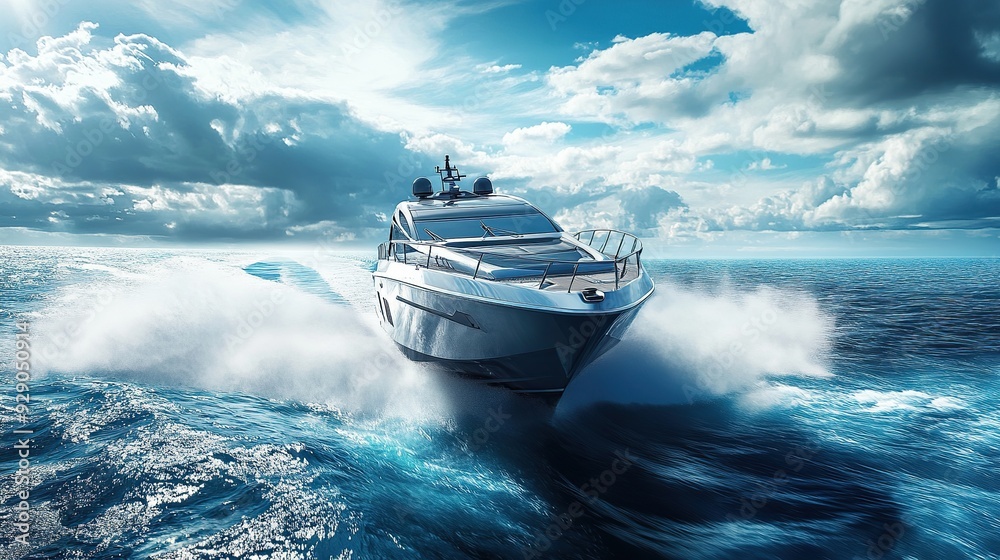 Fototapeta premium Modern boat in full speed on beautiful blue sea. copy space for text.