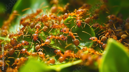 A close-up of weaver ants, also known as ants, shows macro swarms of these ants amidst green foliage.  photo